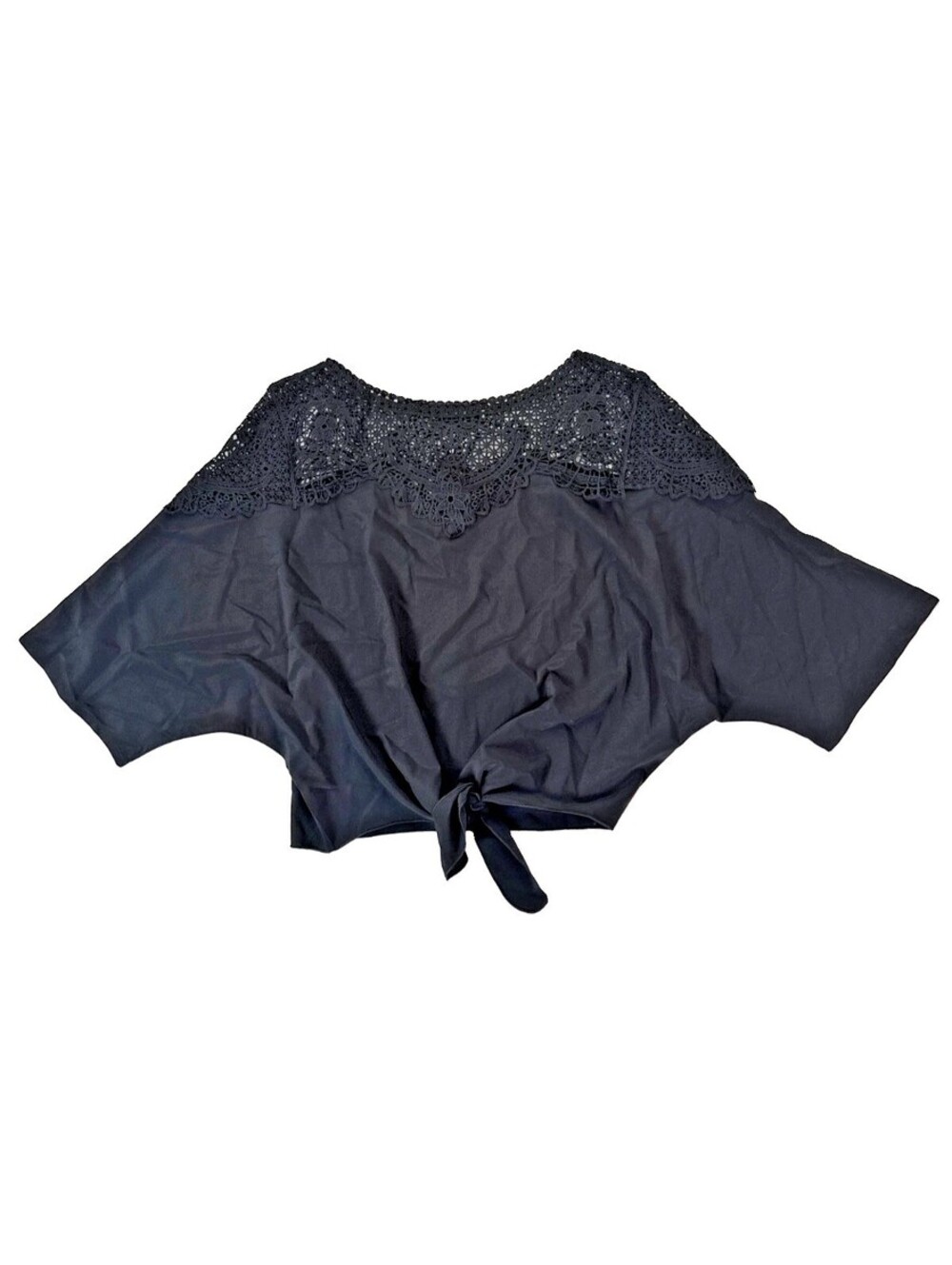 Women's Lace Loose Fitting Crop with Tie - Black - Small